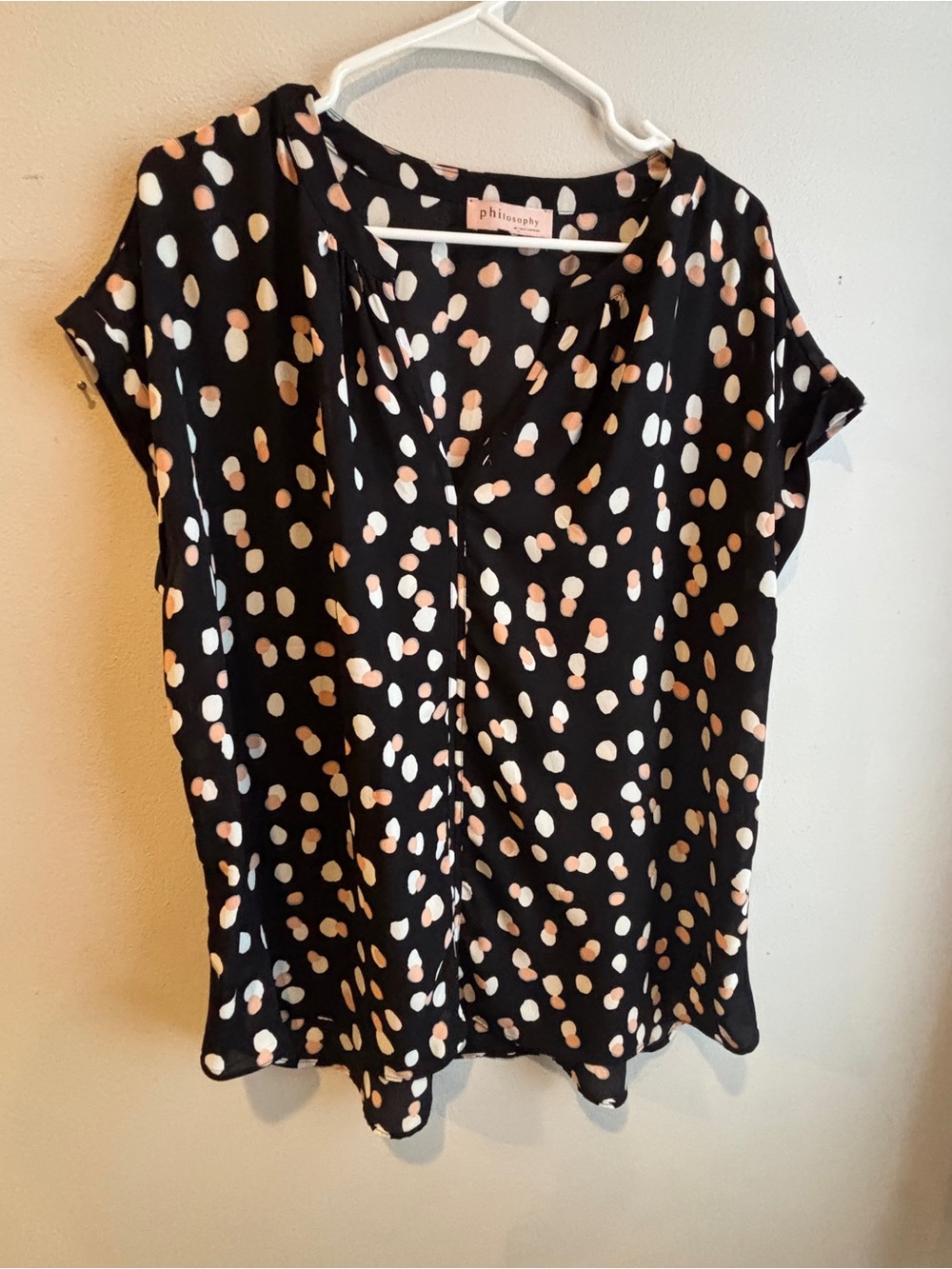 Philosophy Black Short Sleeve Polka Dot Blouse - Pink & White Spots